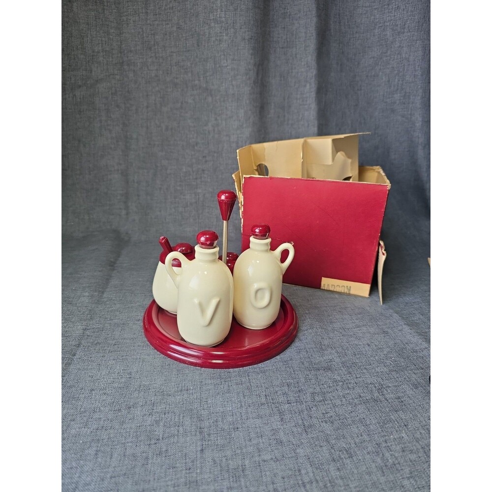 Vintage Carvanite Mid Century Classic Maroon Ceramic & Plastic Condiment Set